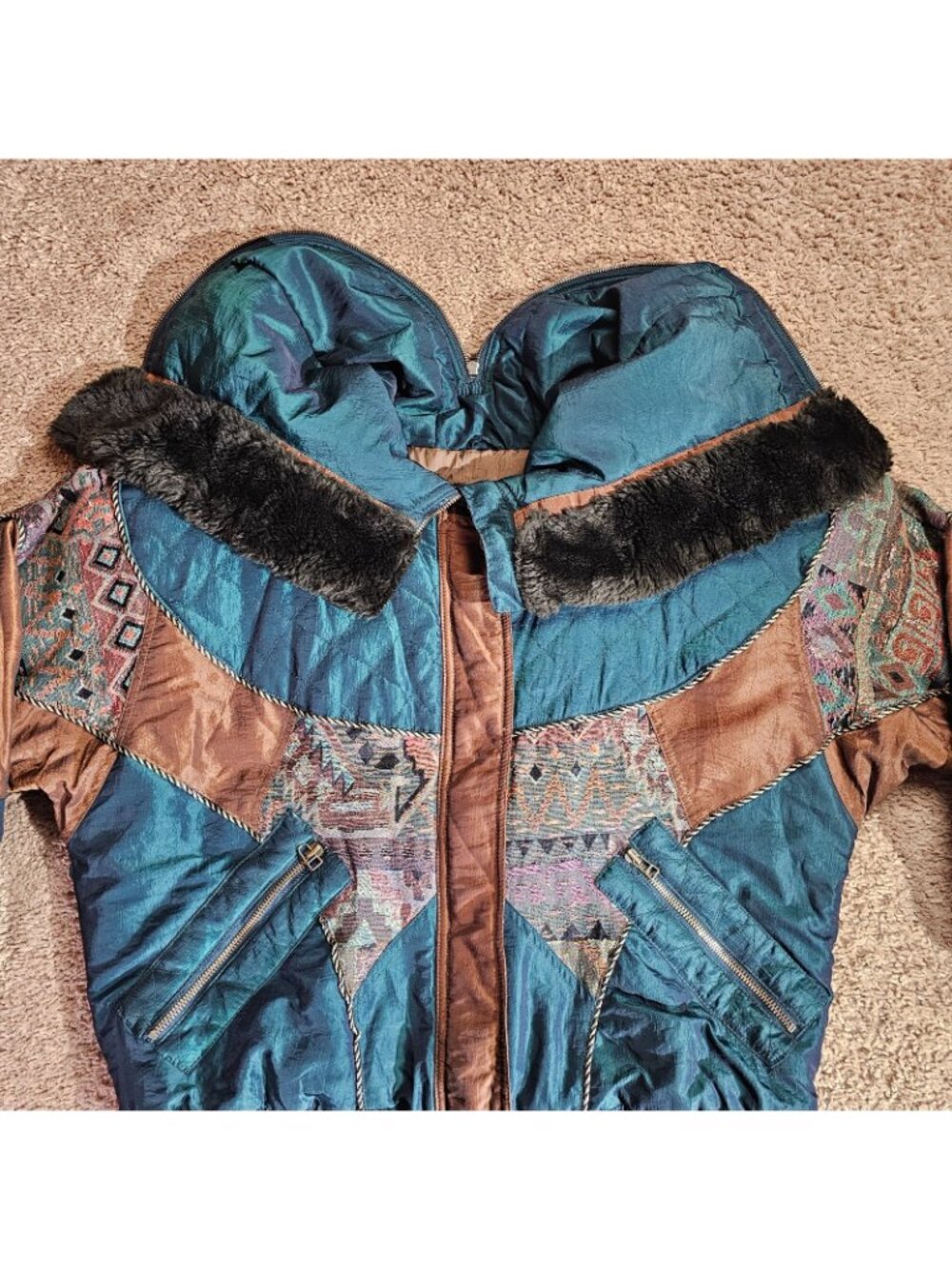 Vintage East West Coat Womens M Quilted Hood Faux Fur Trim Jacket Boho Y2K - Picture 5 of 14